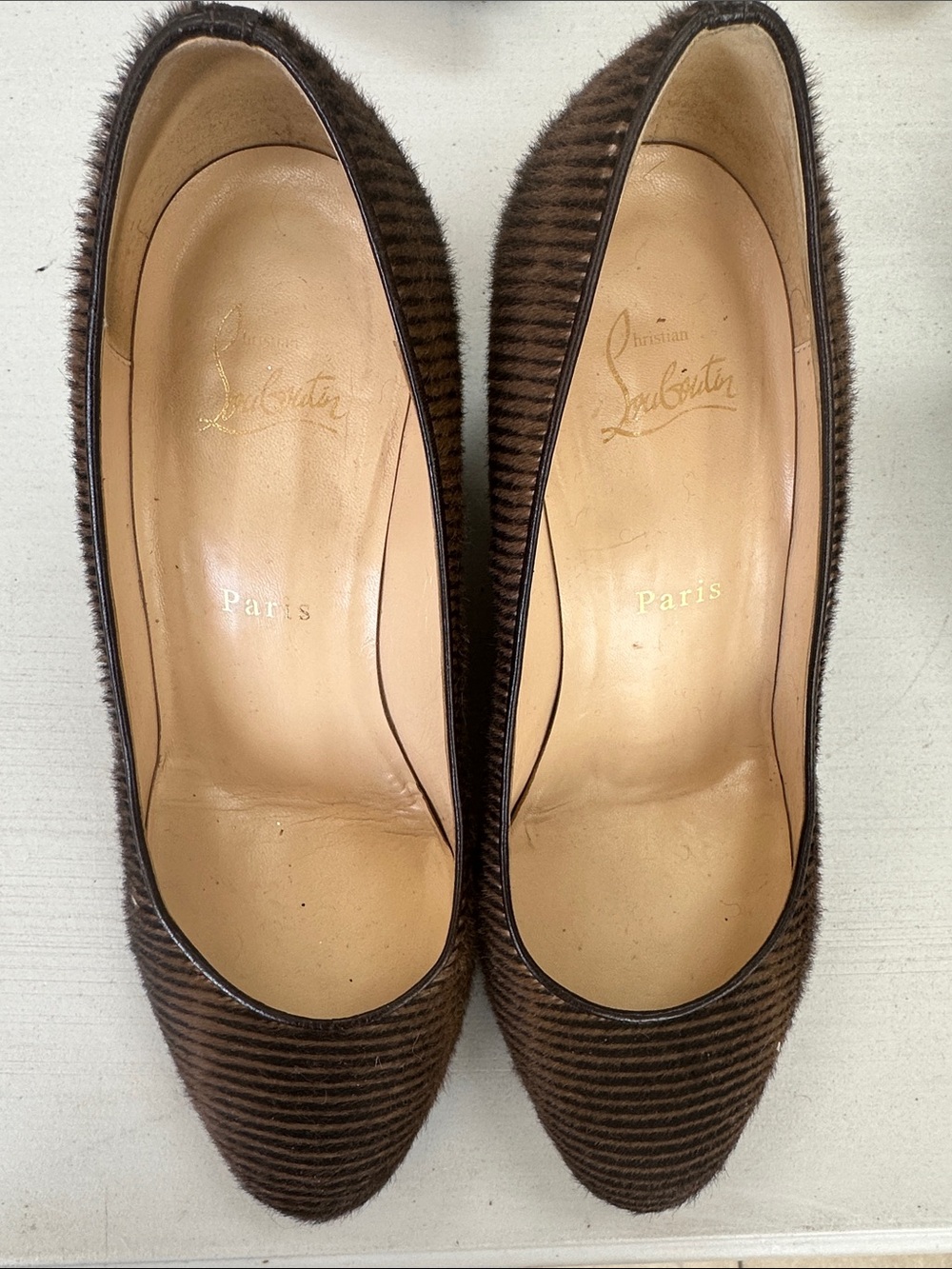 Christian Louboutin Brown Textured Pointed-Toe Pumps with Subtle Stripes